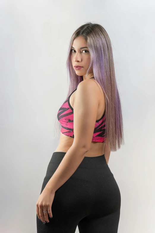 a woman with purple hair posing for a picture, two piece workout clothes, profile image, low quality photo, long hair ， full color