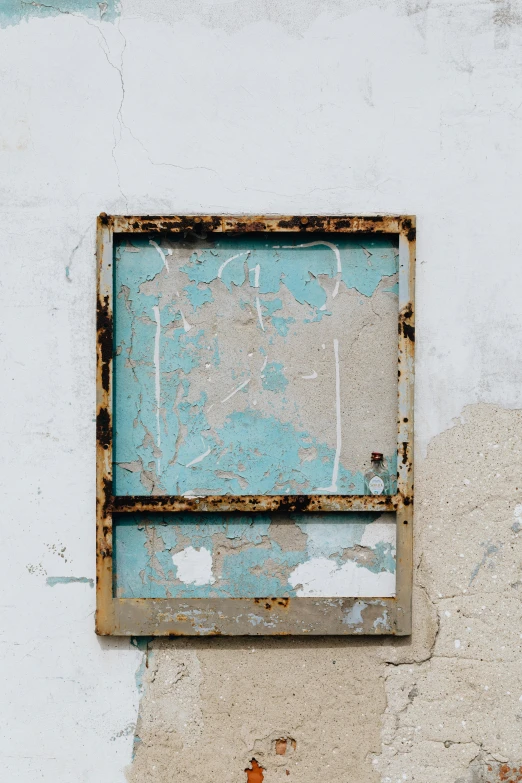 a fire hydrant in front of a wall with peeling paint, inspired by Elsa Bleda, unsplash, postminimalism, vintage frame window, brown and cyan blue color scheme, tall thin frame, on white background
