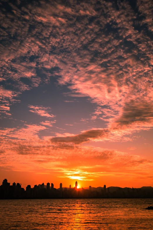 the sun is setting over a body of water, by Robbie Trevino, pexels contest winner, romanticism, skyline showing, low quality photo