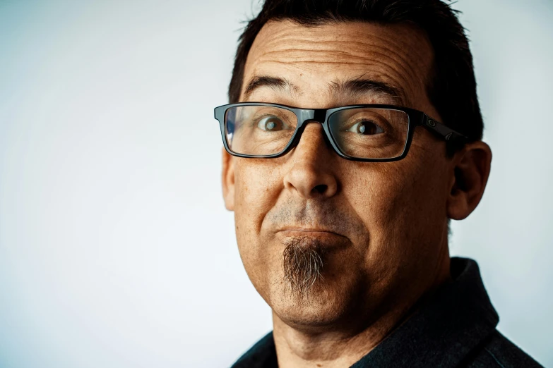 a man with glasses making a funny face, a character portrait, by Peter Churcher, unsplash, hyperrealism, adam sandler, square, a portrait of josh brolin, 15081959 21121991 01012000 4k