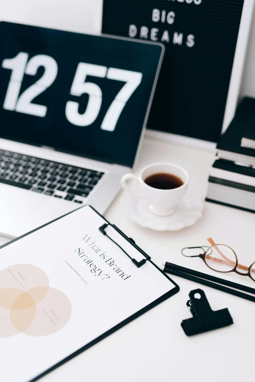 a laptop computer sitting on top of a desk next to a cup of coffee, analytical art, holding a clipboard, thumbnail, unblur, multiple stories