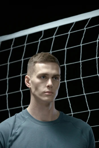 a man standing in front of a soccer goal, a digital rendering, inspired by John Gibson, trending on dribble, hyperrealism, crew cut hair, alessio albi, on a mannequin. high quality, quicksilver