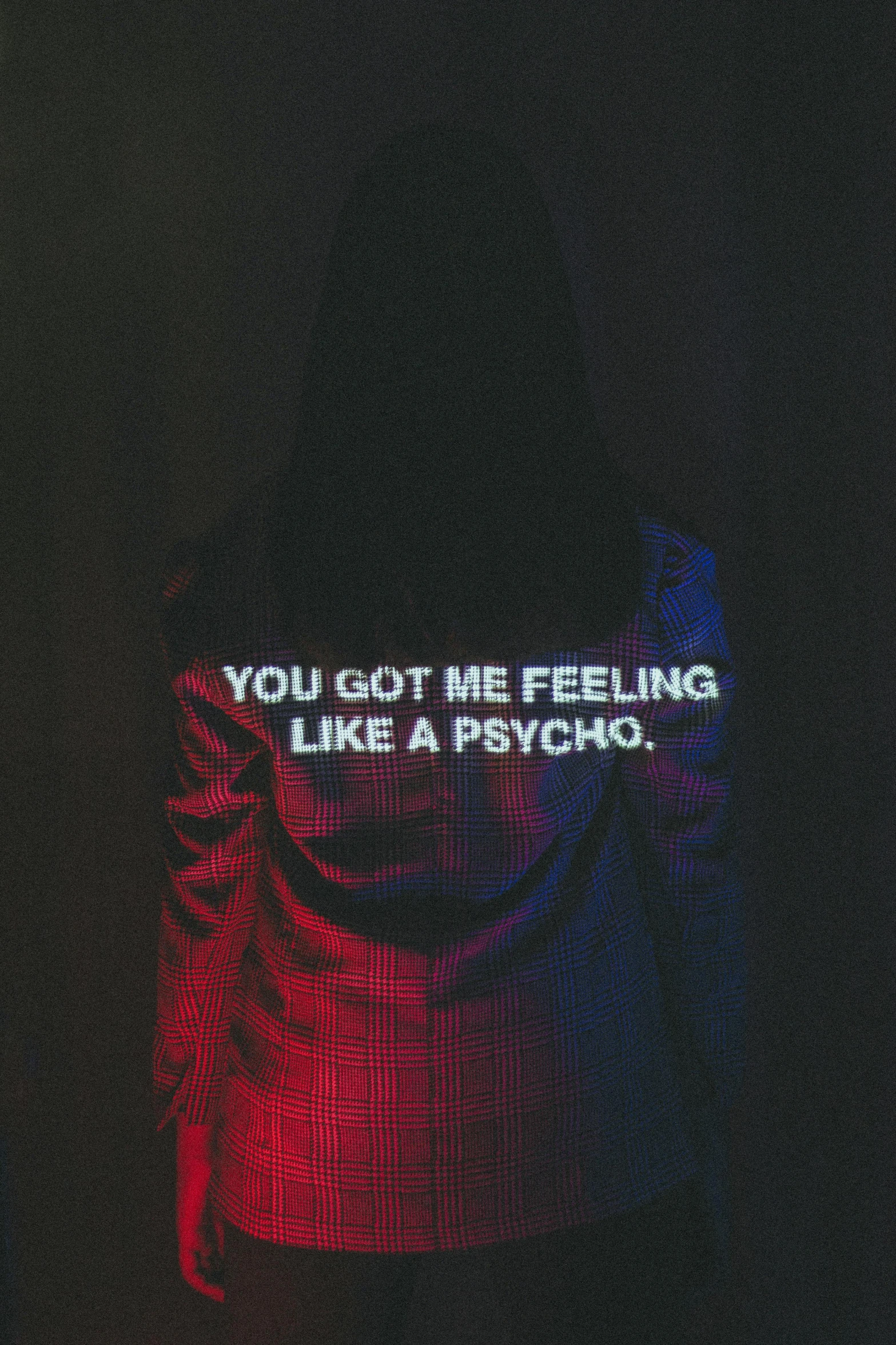 a person standing in the dark with the words you got me feeling like a psycho, lyco art, jacket, rinko kawauchi, psychology, color image