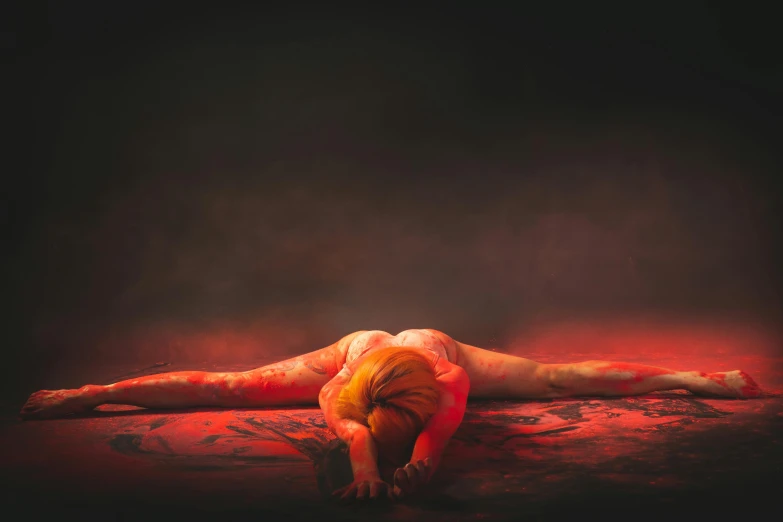 a woman laying on the ground with blood all over her body, an oil painting, pexels contest winner, doing splits and stretching, with red haze, silent hill style, full body image