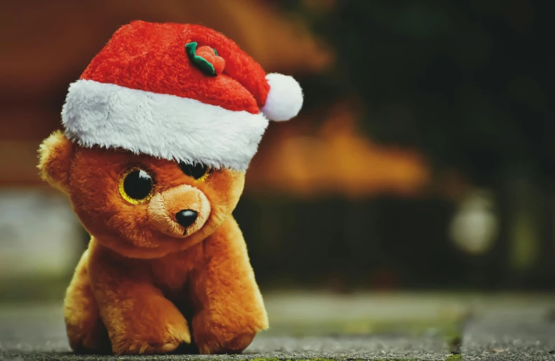 a brown teddy bear wearing a santa hat, a cartoon, pexels contest winner, hurufiyya, gritty feeling, kids toys, gif, red puppils