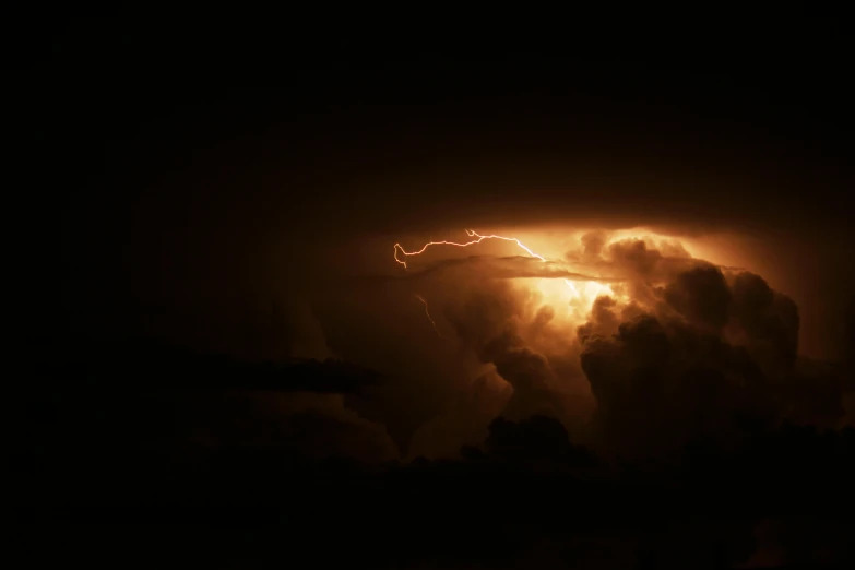 a lightning bolt is seen through the clouds, by Daniel Seghers, pexels contest winner, dark orange night sky, ☁🌪🌙👩🏾, turbulence, panspermia