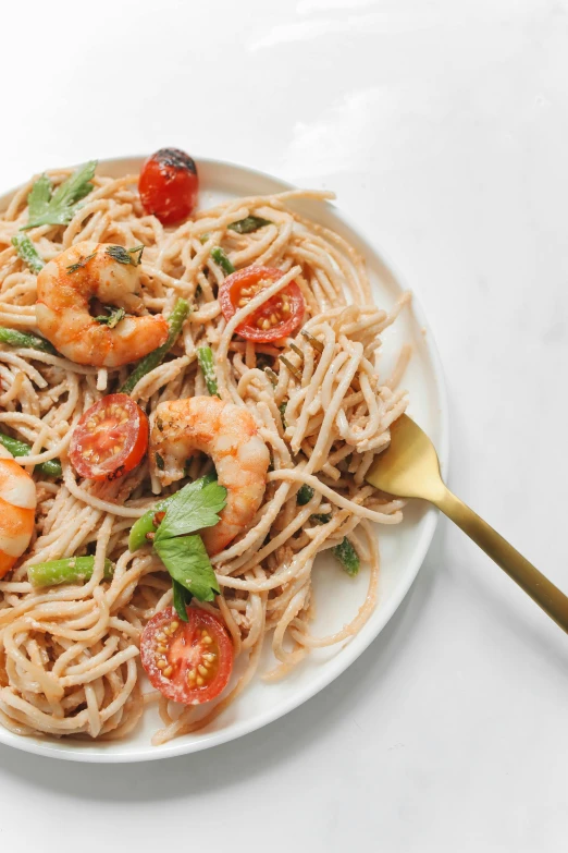 a plate of pasta with shrimp and tomatoes, a portrait, trending on pexels, vine, mint, bronze poli, 1x