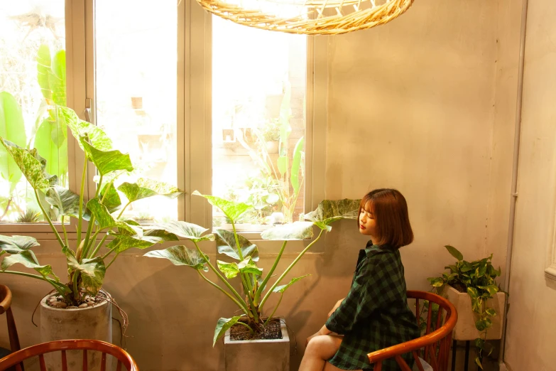 a woman sitting in a chair in front of a window, inspired by Ni Yuanlu, unsplash, the city is full of green plants, ulzzang, standing under a beam of light, photo for a store