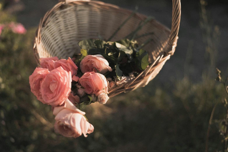 a person holding a basket full of flowers, unsplash, romanticism, rosa bonheurn, late afternoon, hanging, in shades of peach