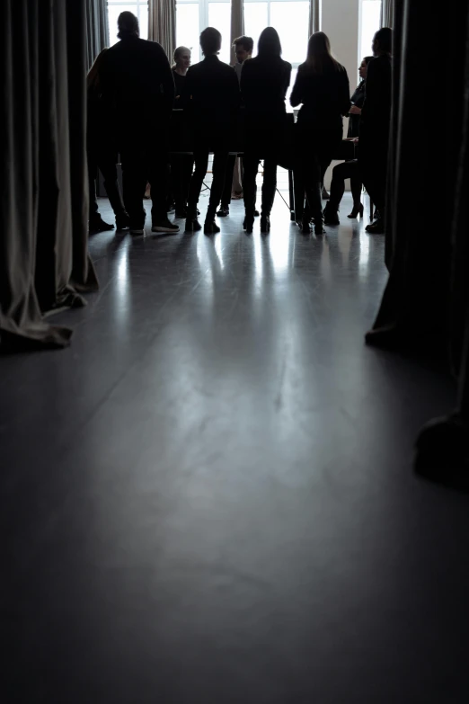a group of people standing in a dark room, by David Donaldson, unsplash, photorealism, theater access corridor, close-up on legs, silhouetted, morning atmosphere