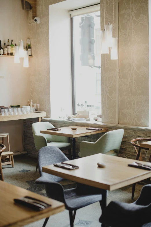 a dining room filled with lots of tables and chairs, altermodern, soami, illustrious, minimal, korean