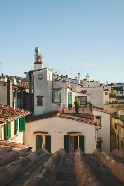 a view of a city from the roof of a building, a picture, by Carlo Martini, trending on unsplash, renaissance, quaint village, sunny bay window, florentine school, facing away from camera