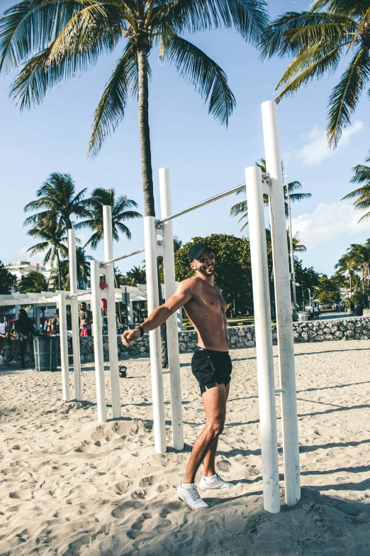 a man that is standing in the sand, local gym, south beach colors, square, male calisthenics