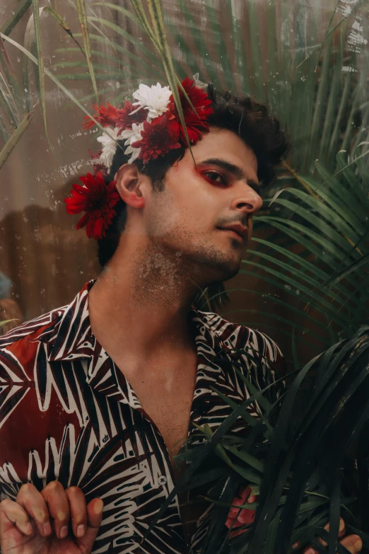 a man with a flower in his hair, an album cover, pexels contest winner, tropical style, non binary model, cynthwave, ( ( ( ( kauai ) ) ) )