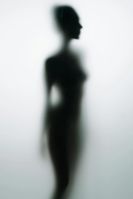 a silhouette of a woman standing in front of a white wall, inspired by Lillian Bassman, neo-figurative, in the astral plane ) ) ), neri oxman, blurred, made of mist