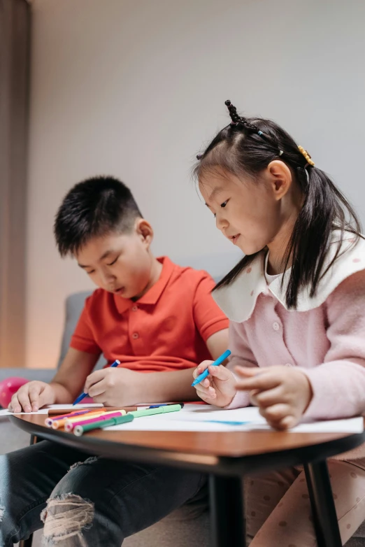 a couple of kids that are sitting at a table, a child's drawing, by Jang Seung-eop, pexels contest winner, matching colors, ( ( colored pen ) ), teaching, instagram post