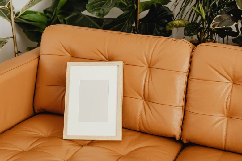 a picture frame sitting on top of a leather couch, inspired by Christo, pexels contest winner, beige color scheme, square shapes, tanned, white soft leather model