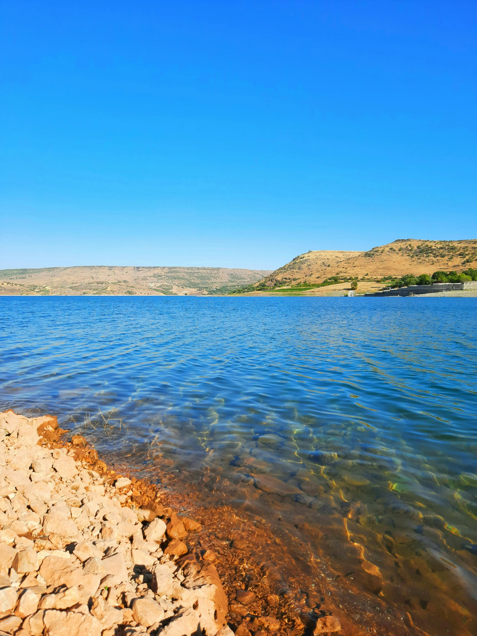 a body of water sitting on top of a rocky shore, les nabis, lake blue, sandy beach, kurdistan, lake filed with molten gold