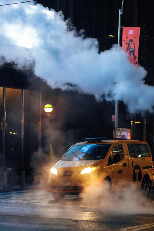 a taxi driving down a street with a lot of smoke coming out of it, cold freezing nights, gotham, steam pipes, promo image