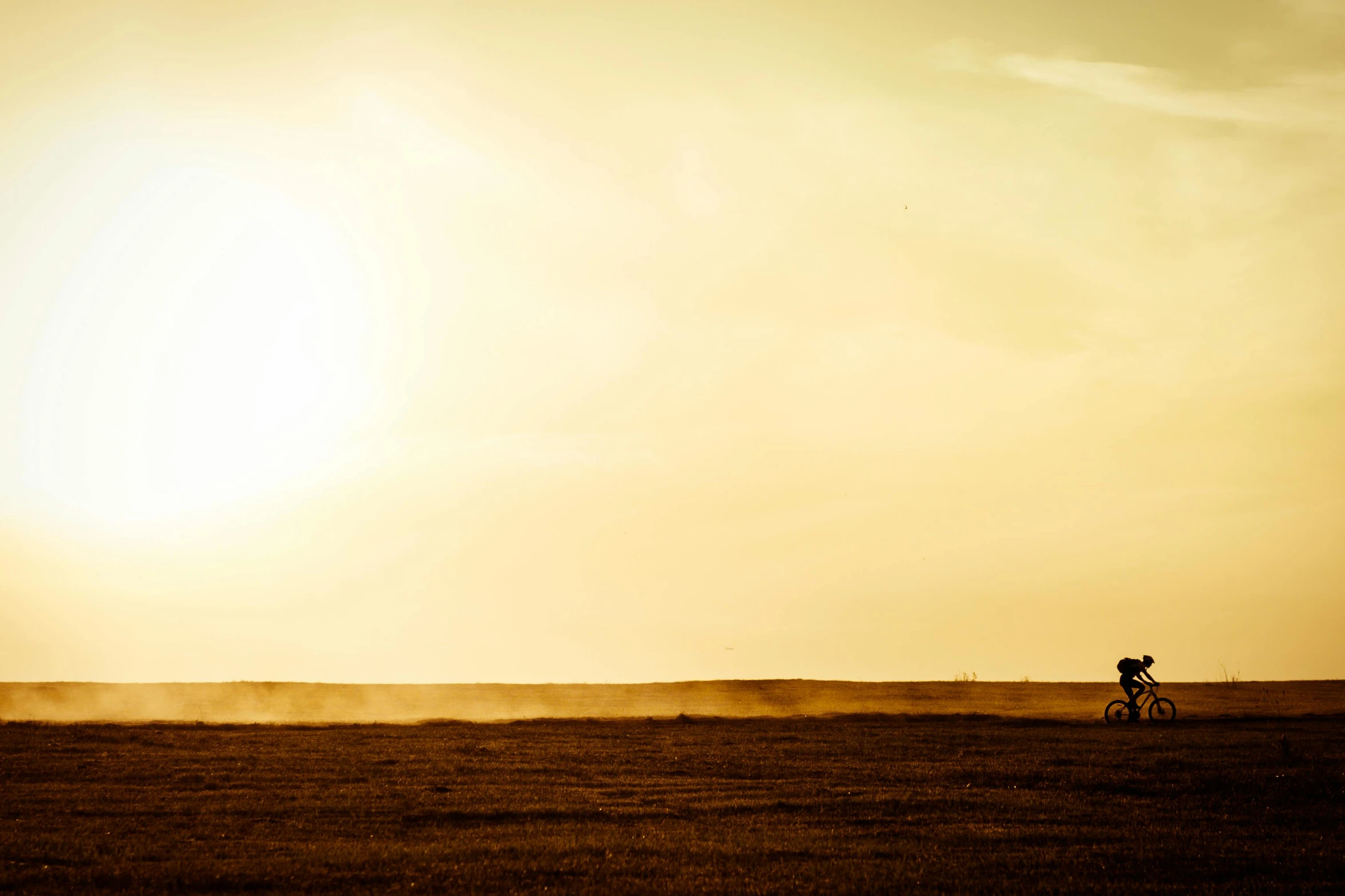 a person riding a bike on top of a grass covered field, unsplash, minimalism, sepia sun, dust devils, farms, sunset photo