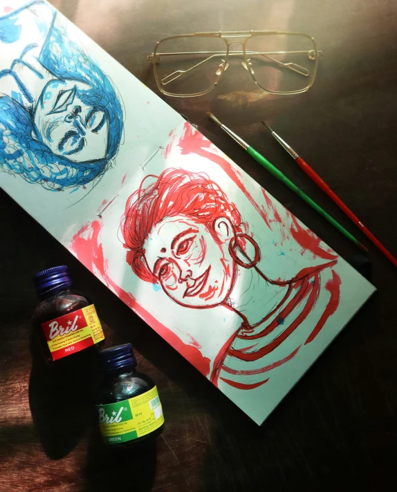 a pair of glasses sitting on top of a table, a pop art painting, featured on behance, process art, indian ink, portrait of modern darna, gouache and wash paints color, instagram post
