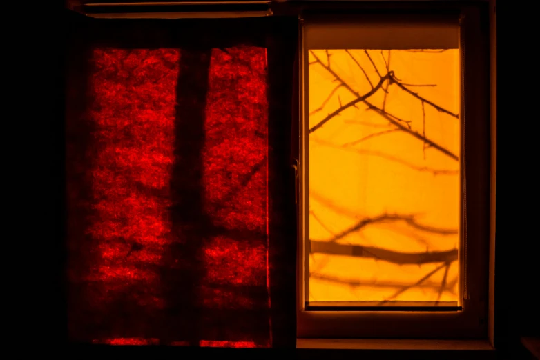 a close up of a window with a red curtain, a picture, inspired by Elsa Bleda, orange and red lighting, diptych, red trees, with backlight