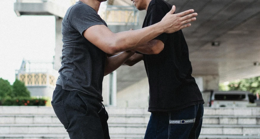 a couple of men standing next to each other, unsplash, happening, hand to hand combat, wearing pants and a t-shirt, manuka, bowater charlie and brom gerald