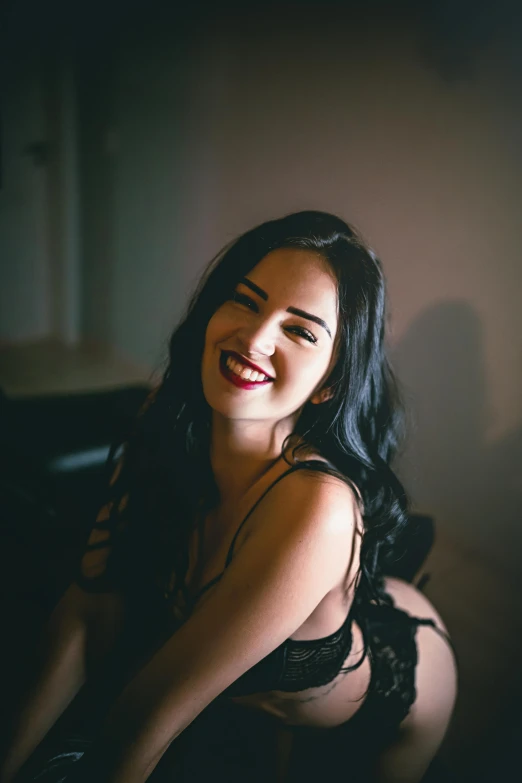 a woman in lingerie posing for a picture, mutahar laughing, dark black hair, promo image, high quality image