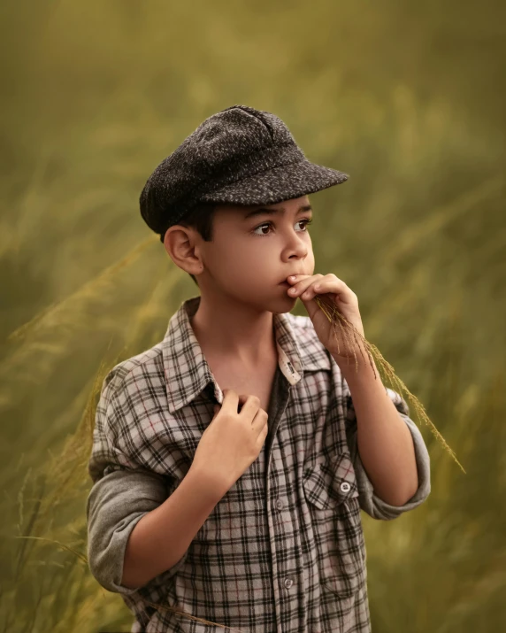 a young boy standing in a field of tall grass, inspired by Dorothea Lange, pexels contest winner, sumatraism, wearing newsboy cap, thoughtful ), non binary model, coloured photo