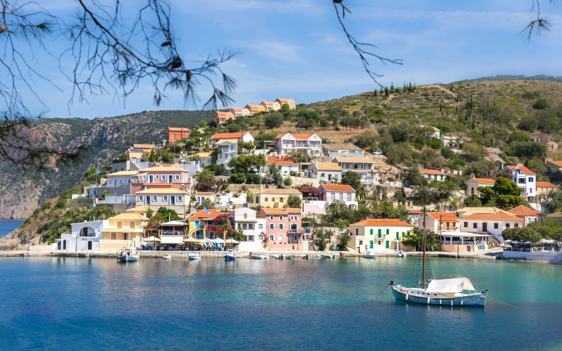 a group of boats floating on top of a body of water, by Tom Wänerstrand, pexels contest winner, renaissance, greece, small port village, square, pastel'