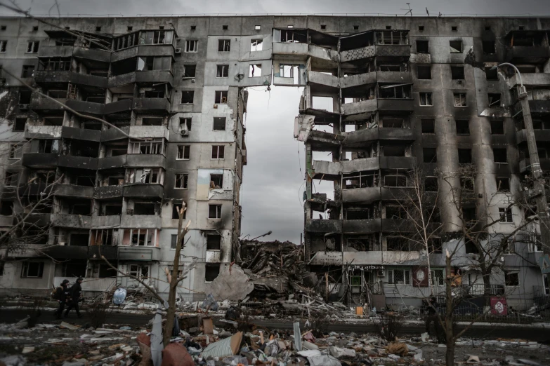 a group of people standing in front of a building, by Micha Klein, unsplash contest winner, hurufiyya, city destruction, apartment complex made of tubes, 000 — википедия, hyperrealistic ”