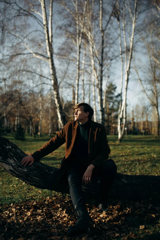 a man sitting on a tree trunk in a park, an album cover, by Attila Meszlenyi, unsplash, realism, alexey gurylev, androgynous person, panorama, he is wearing a brown sweater