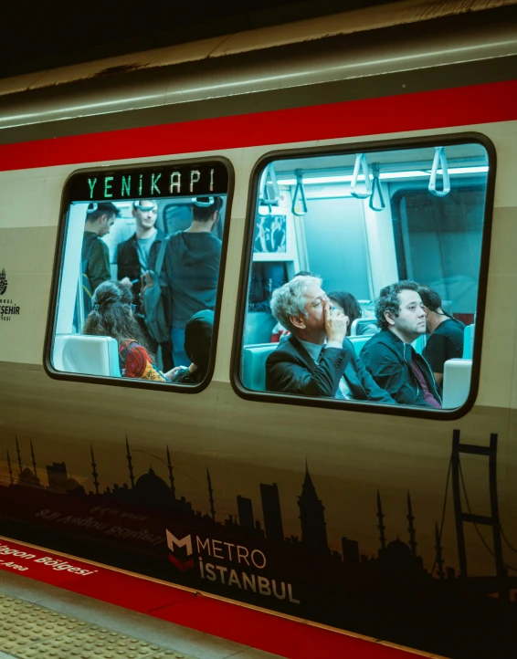 a group of people standing on the side of a train, by irakli nadar, unsplash contest winner, hyperrealism, underground metro, lights are on in the windows, turkish and russian, 🚿🗝📝