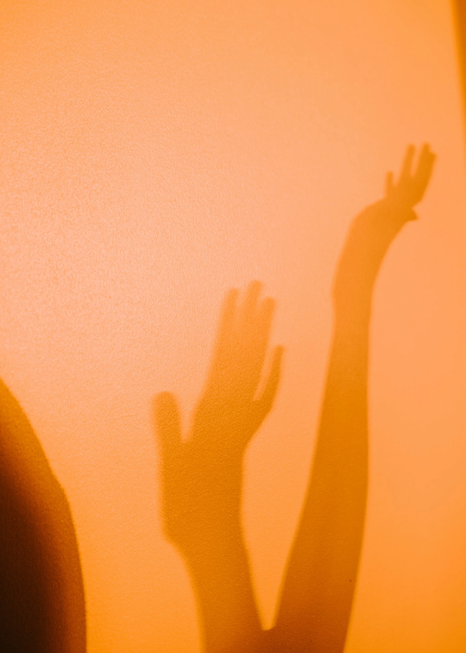 a shadow of a person with their hands in the air, an album cover, by Nathalie Rattner, trending on unsplash, orange hue, translucent, thirst, worshipers