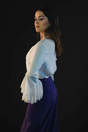 a woman in a white top and purple skirt, an album cover, inspired by Thomas Lawrence, pexels contest winner, back - view, cropped wide sleeve, marvelous designer 3d rendered, ana de armas portrait