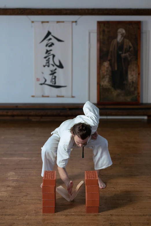 a person doing a handstand in a room, inspired by Kanō Tanshin, preparing to fight, profile picture, square, brown