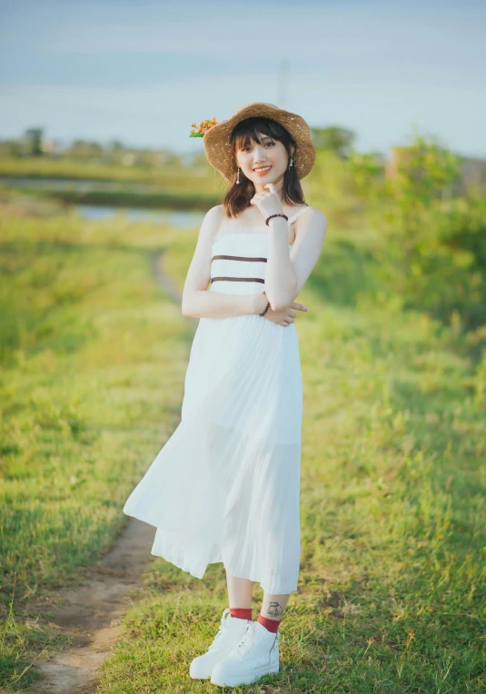 a woman in a white dress and a straw hat, a picture, by Ai-Mitsu, unsplash, 15081959 21121991 01012000 4k, photo of slim girl model, long skirt, milky white skin