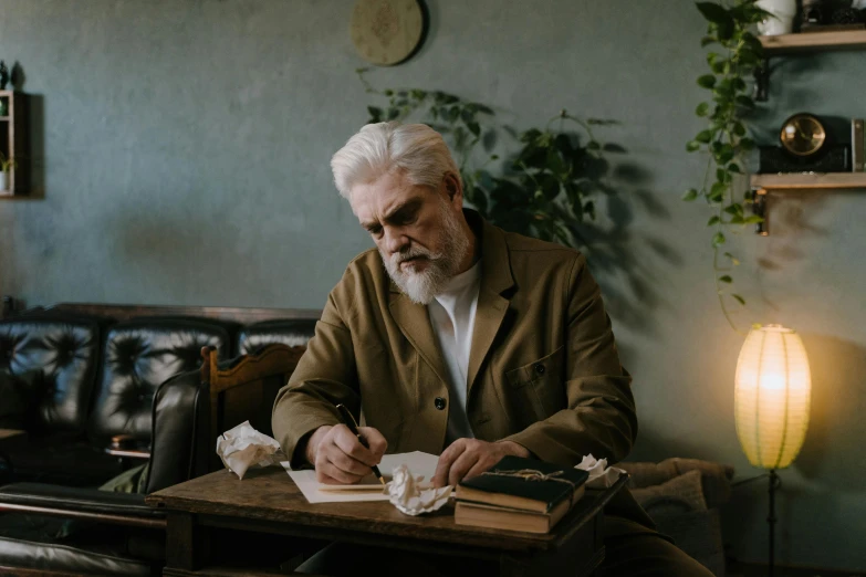 a man sitting at a table writing on a piece of paper, pexels contest winner, magic realism, bushy white beard, handsome man, book portrait, silver haired