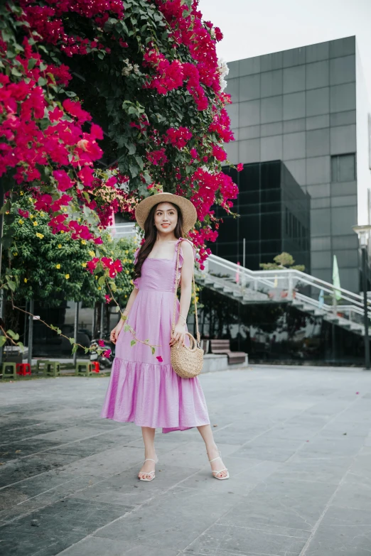 a woman wearing a pink dress and a straw hat, inspired by Juliette Leong, pexels contest winner, ((purple)), square, full body cute young lady, singapore