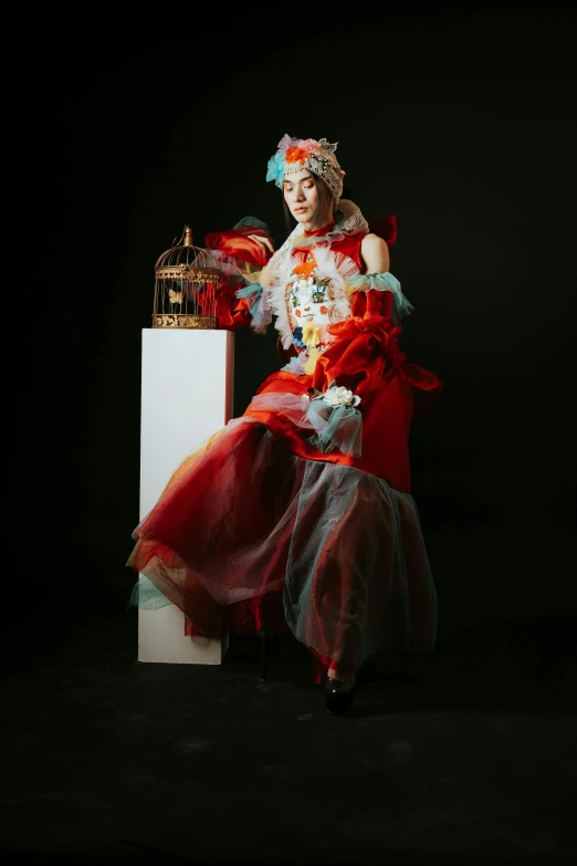 a woman in a red dress holding a bird cage, inspired by Karl Bryullov, cg society contest winner, intricate clown costume, 155 cm tall, queen of the sea mu yanling, taken in the early 2020s