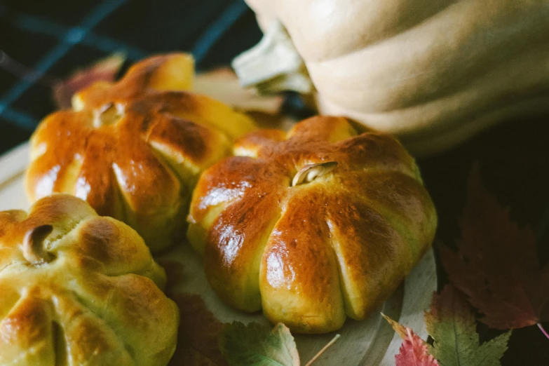 a couple of pumpkins sitting on top of a wooden cutting board, trending on unsplash, art nouveau, holding toasted brioche bun, painted pale yellow and green, orthodox, steamed buns