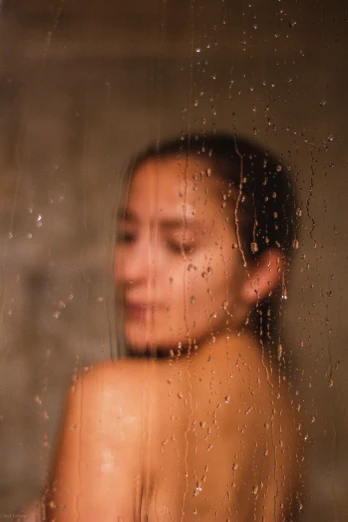 a close up of a person in a shower, inspired by Elsa Bleda, renaissance, a young asian woman, diffused, profile image, oiled skin