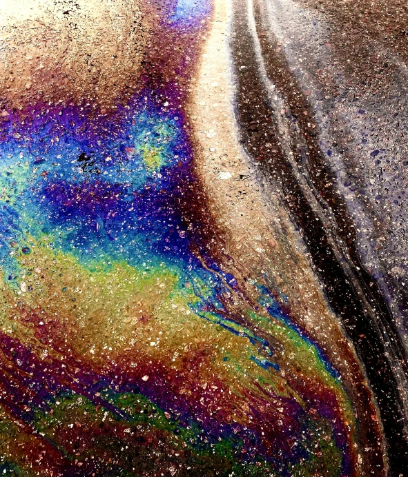 a black fire hydrant sitting on the side of a road, an ultrafine detailed painting, by Jan Rustem, flickr, space art, iridescent soapy bubbles, shiny layered geological strata, closeup 4k, multicolor glints