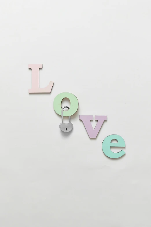 the word love spelled with wooden letters on a white background, poster art, inspired by Cerith Wyn Evans, trending on pexels, pastell colours, padlocks, detail shot, society 6