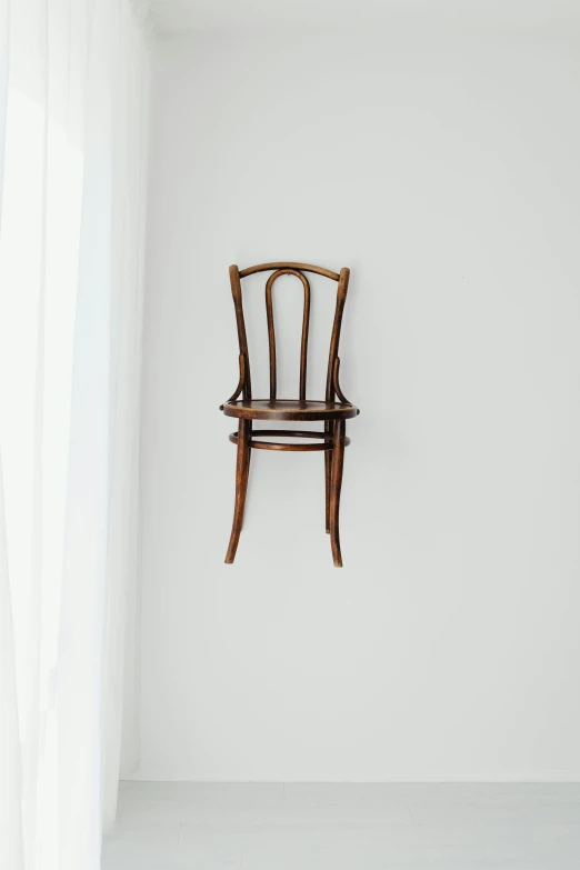 a wooden chair sitting on top of a white floor, by Matthias Stom, unsplash contest winner, 2 5 6 x 2 5 6, weird art on the wall, hanging veins, clear background