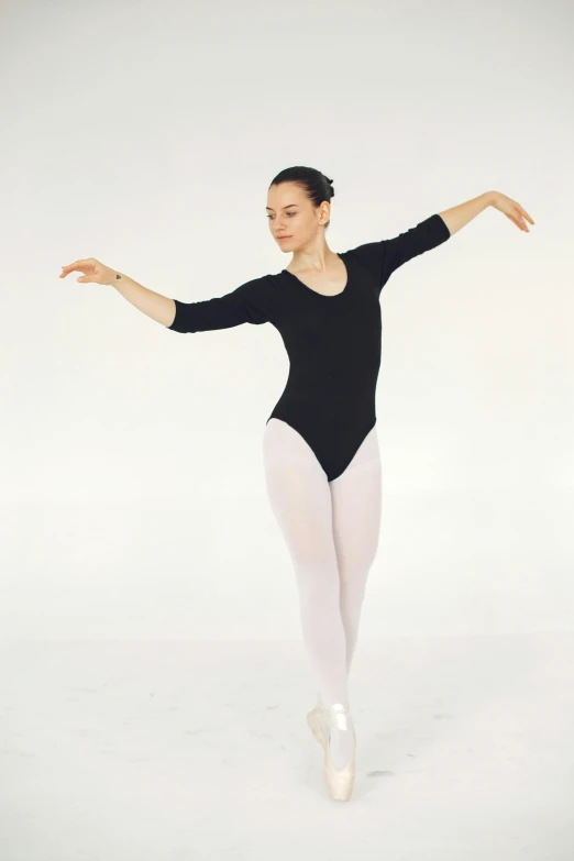 a woman in a black leo leo leo leo leo leo leo leo leo leo leo leo leo, by Robert Medley, arabesque, promo image, joy ang, white sleeves, mai anh tran