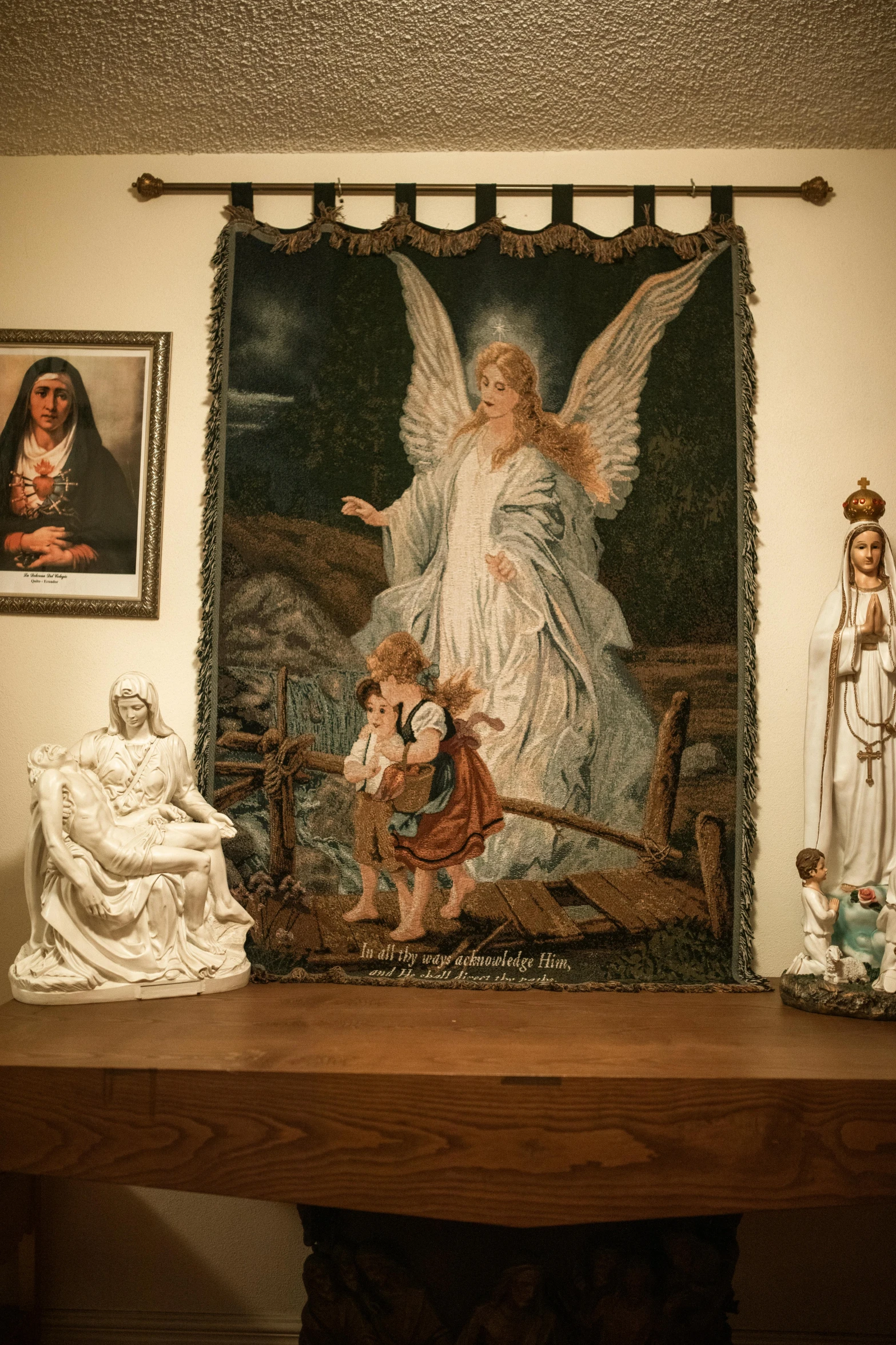 a couple of statues sitting on top of a wooden table, religious painting, an angel standing still, slide show, glorified image