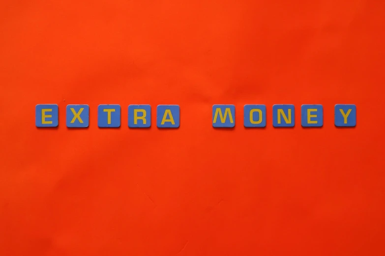the word extra 4 money spelled in blue letters on an orange background, an album cover, by Julia Pishtar, pexels contest winner, kent monkman, still from the movie ex machina, 15081959 21121991 01012000 4k, extreme low angle