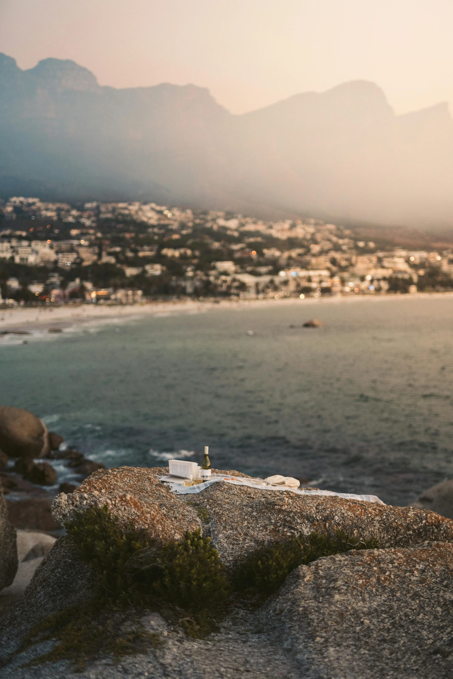 a teddy bear sitting on top of a rock next to the ocean, whitewashed buildings, at the golden hour, birds - eye view, lush surroundings