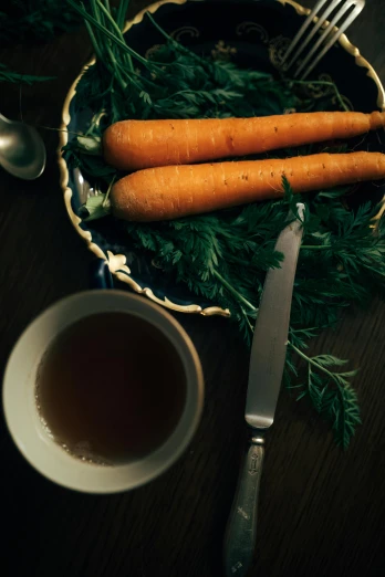 a bowl of carrots and a knife on a table, a still life, unsplash, brown gravy, tea, silver, greens